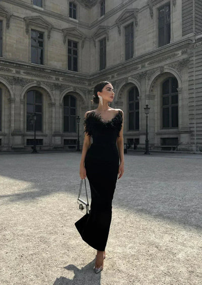 Joanna – Feather-Elegant Maxi Dress