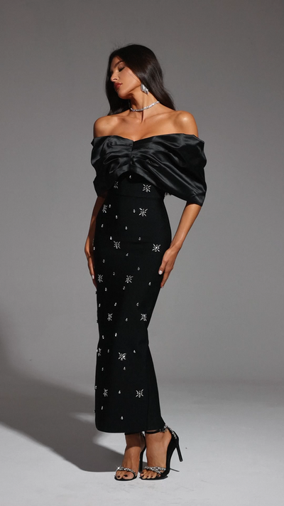 Emma Off-the-Shoulder Diamond Maxi Dress