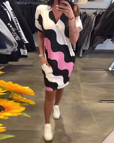 "V-Neck Dress with Wavy Print"