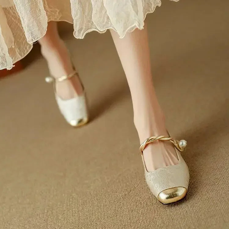 Naila |  Pearl Strap Silky Vintage Pumps