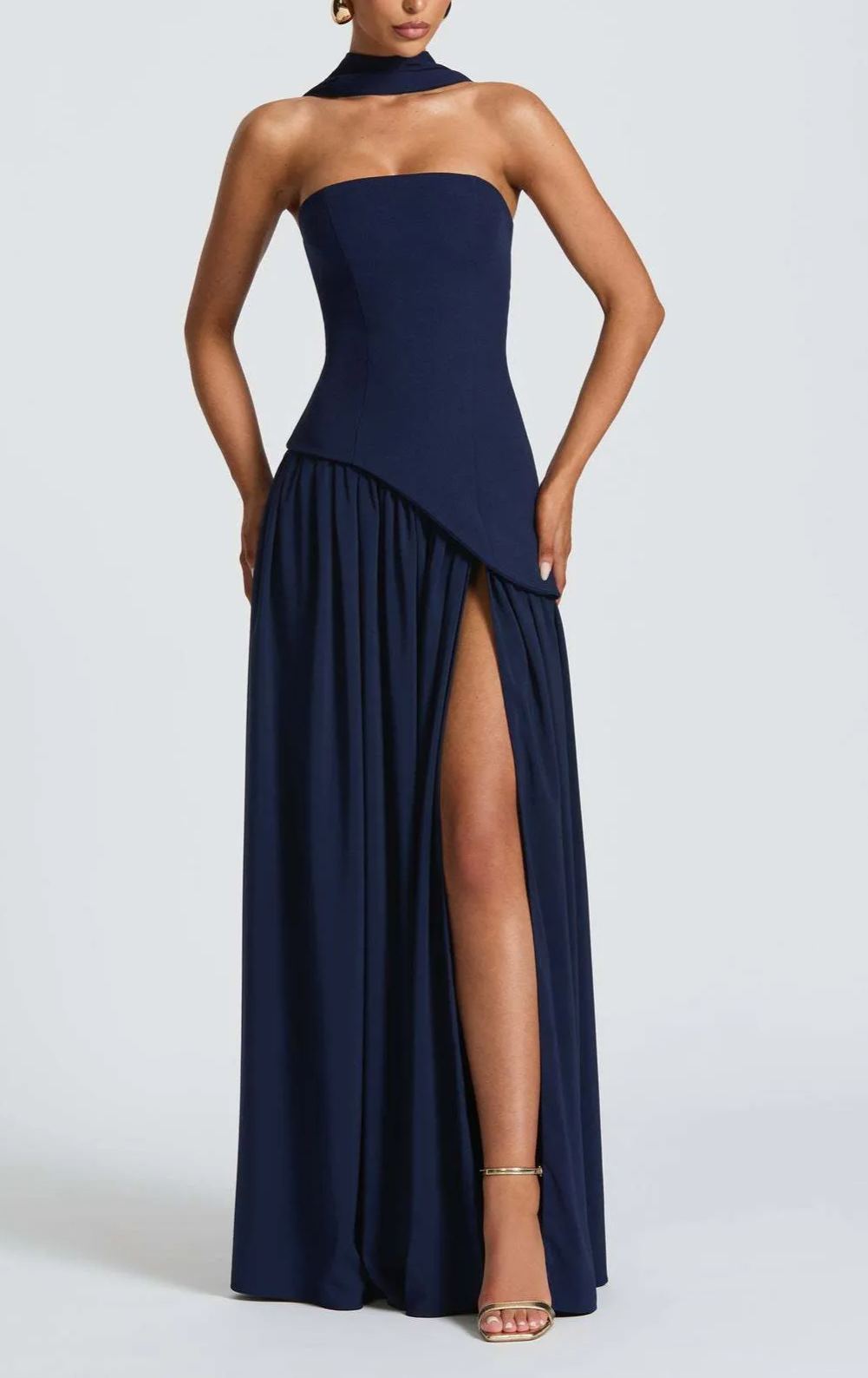 Ella/Strapless Slit Ribbon Maxi Dress