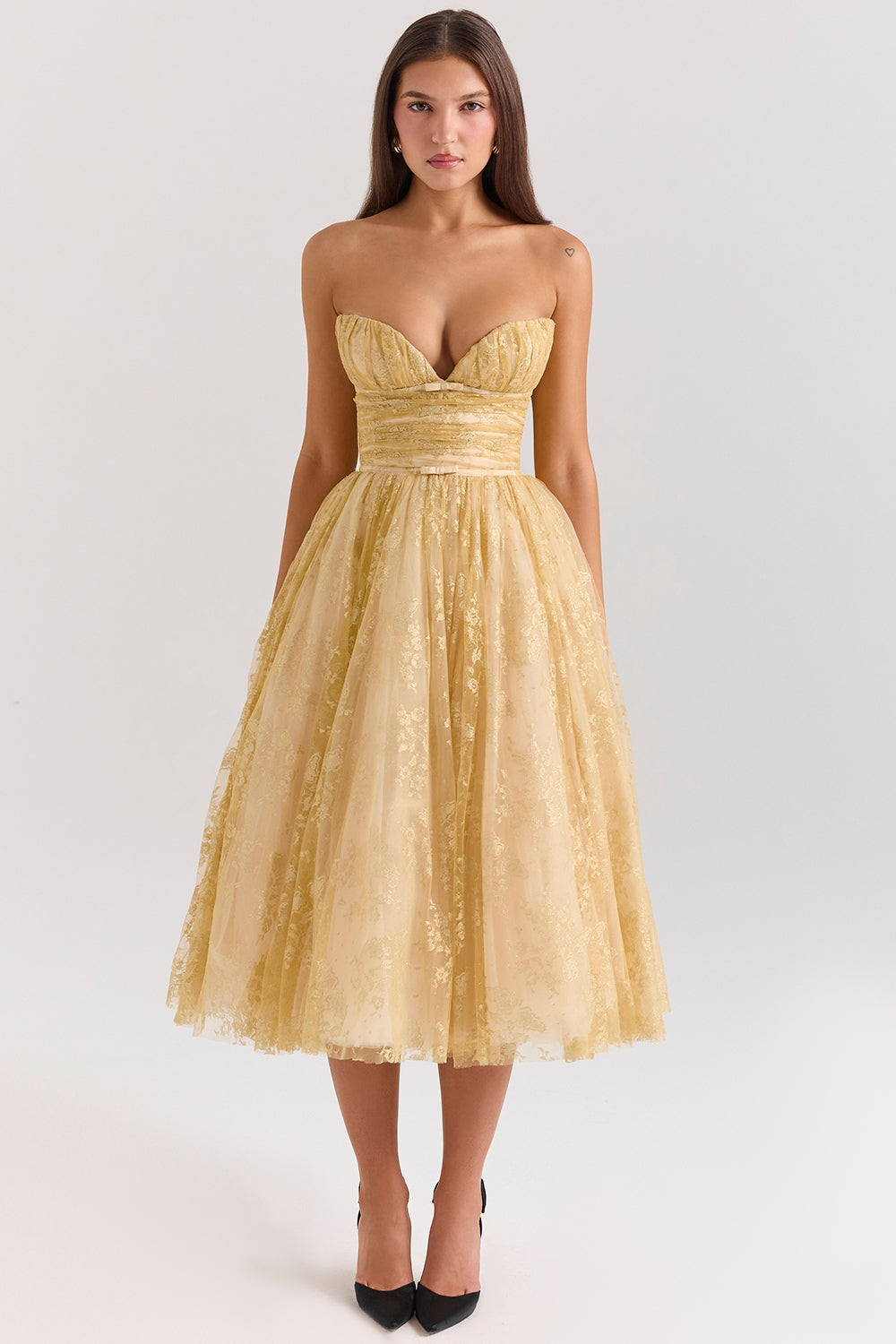 Carina - Luxe Golden Corset Midi Dress