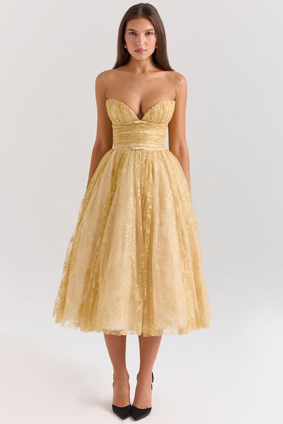 Carina - Luxe Golden Corset Midi Dress