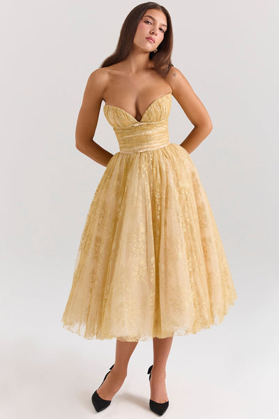 Carina - Luxe Golden Corset Midi Dress