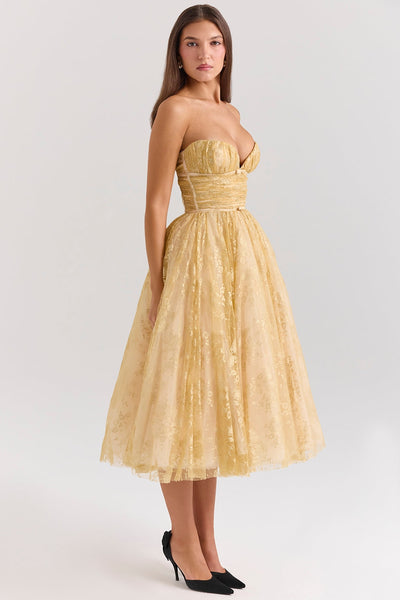 Carina - Luxe Golden Corset Midi Dress
