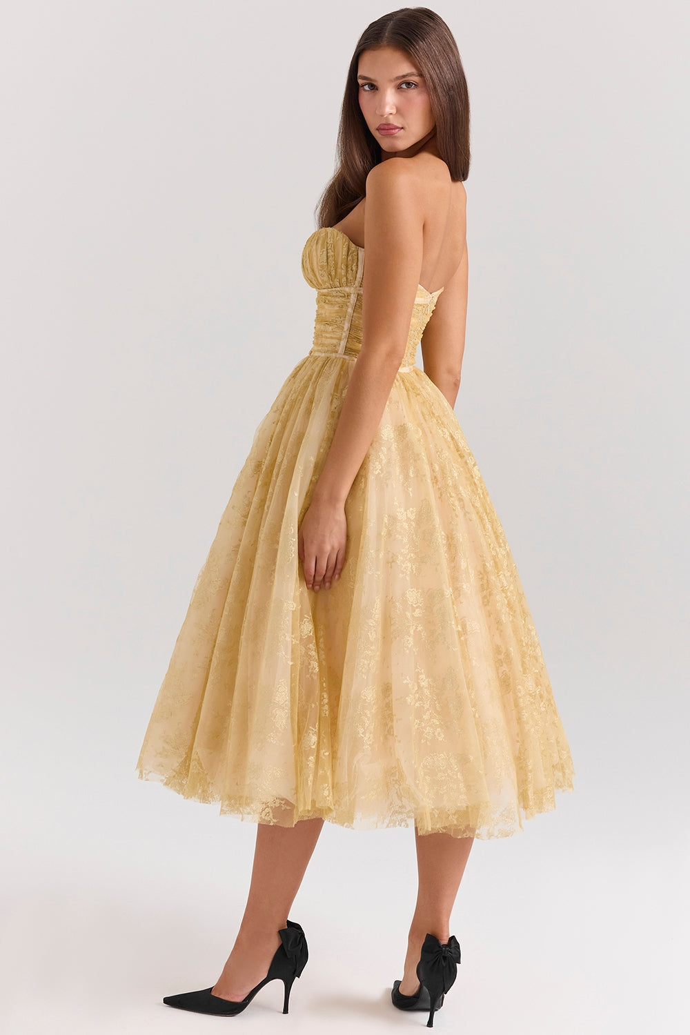 Carina - Luxe Golden Corset Midi Dress