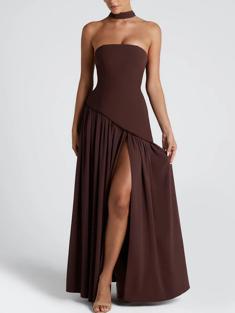 Ella/Strapless Slit Ribbon Maxi Dress