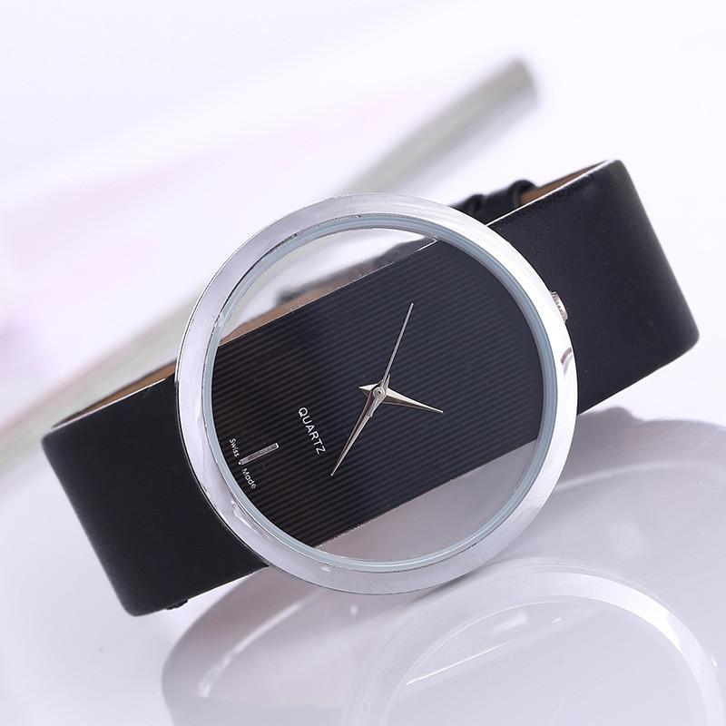 Elegant quartz watch with transparent dial