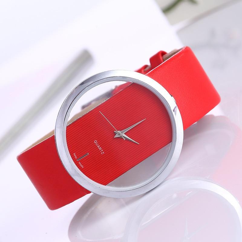 Elegant quartz watch with transparent dial