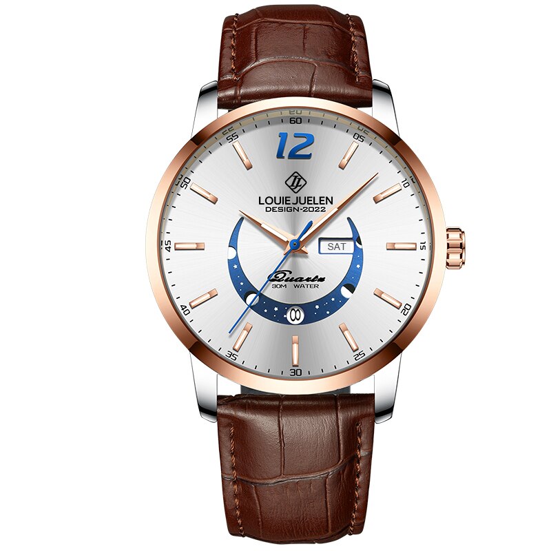 Elegant moon phase watch with luminous calendar for the week